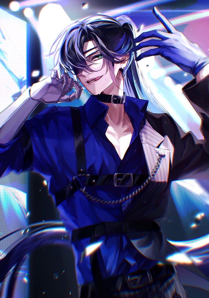 1boy, akuma_shitsuji_to_kuroi_neko, belt, black_belt, black_choker, black_jacket, blue_shirt, boschi_arenas, choker, collared_shirt, garter_belt, gloves, highres, idol_clothes, jacket, long_sleeves, male_focus, ohachi08, pants, prosthesis, prosthetic_arm, shirt, solo, striped_clothes, striped_pants, tongue, tongue_out, white_gloves