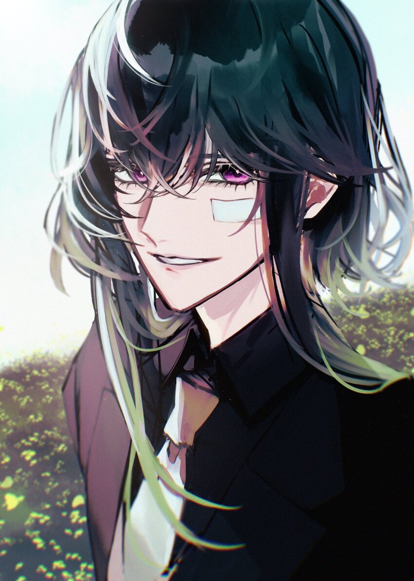 1boy, akuma_shitsuji_to_kuroi_neko, bandaid, bandaid_on_cheek, bandaid_on_face, bastien_kelly, black_hair, black_shirt