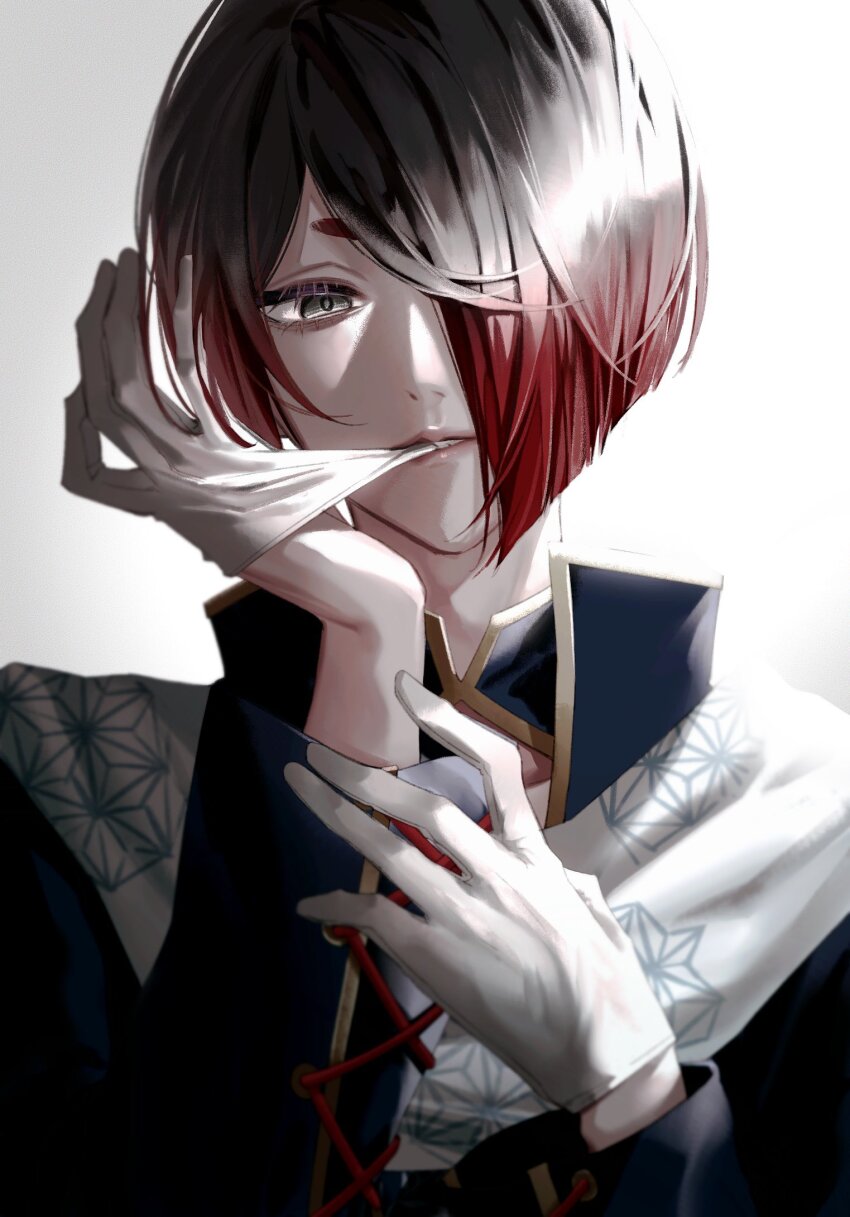 1boy, akuma_shitsuji_to_kuroi_neko, biting, black_hair, chinese_clothes, biting_glove, gloves, grey_eyes