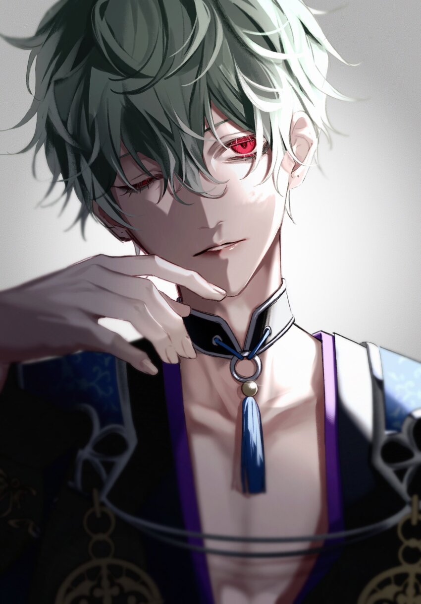 1boy, akuma_shitsuji_to_kuroi_neko, black_choker, blue_shirt, chinese_clothes, choker, clothing_request, green_hair
