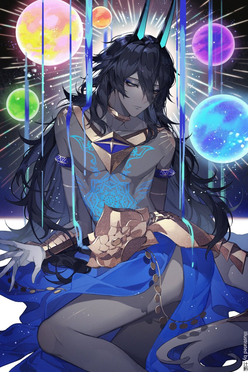 1boy, arjuna_(fate), arjuna_alter_(fate), arjuna_alter_(second_ascension)_(fate), armlet, artist_name, black_hair, blue_horns