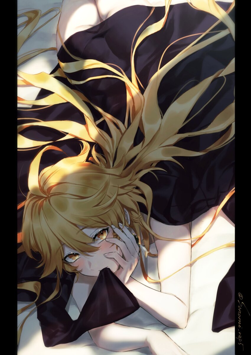 1boy, aether_(genshin_impact), ahoge, black_shirt, blonde_hair, blush, earrings, genshin_impact