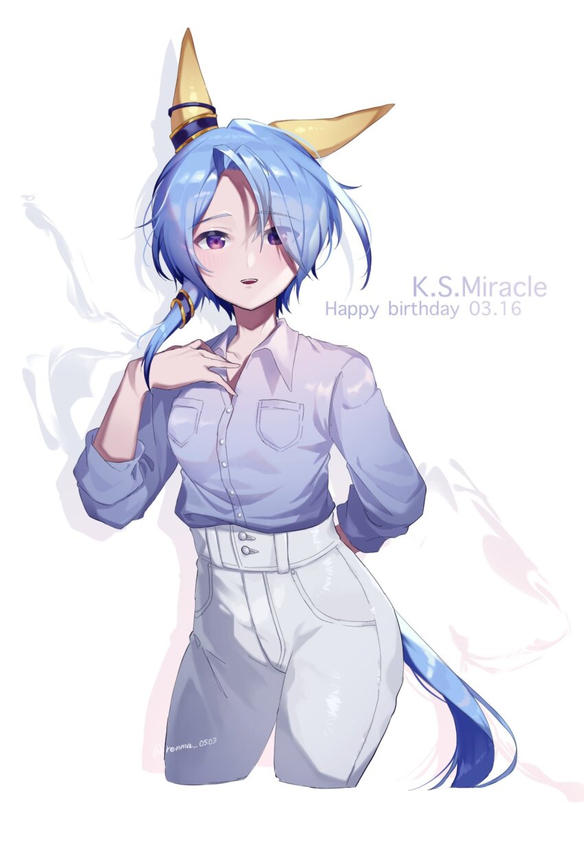 1girl, animal_ears, blue_hair, breasts, character_name, collared_shirt, cropped_legs, dated