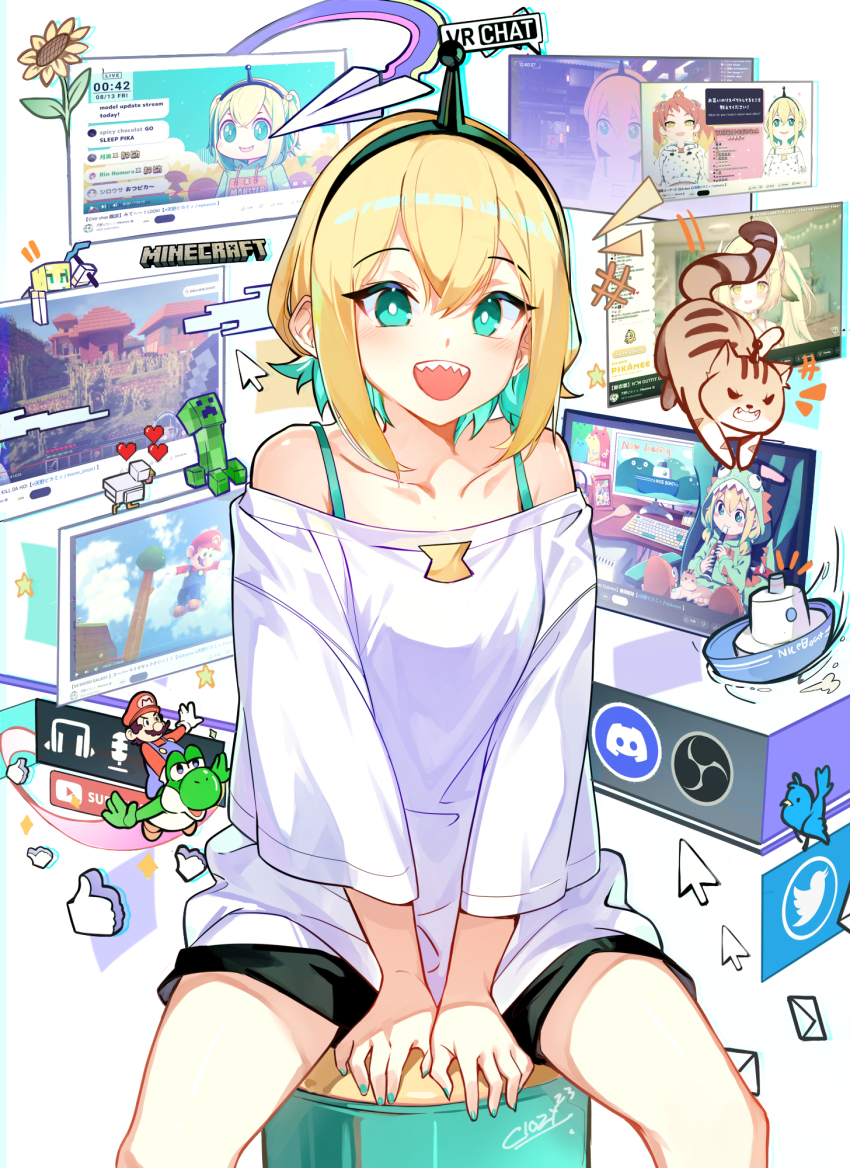 1girl, :d, ^^^, amano_pikamee, amano_pikamee_(1st_costume), between_legs, black_hairband, black_shorts, blonde_hair, boat, bright_pupils, cat, chicken_(minecraft), closz, collarbone, commentary, creeper, cursor, discord, england, envelope, flower, green_eyes, green_hair, green_nails, hairband, hand_between_legs, heart, highres, hikasa_tomoshika, long_sleeves, looking_at_viewer, mario, mario_(series), meme, minecraft, minecraft_pickaxe, nice_boat_(meme), nintendo, obs_studio, off-shoulder_shirt, off_shoulder, open_mouth, paper_airplane, pickaxe, sharp_teeth, shirt, short_hair, shorts, simple_background, sitting, smile, socks_(amano_pikamee), solo_focus, sunflower, super_mario_galaxy_2, teeth, twitter, twitter_logo, upper_body, upper_teeth_only, virtual_youtuber, voms, vrchat, watercraft, white_background, white_pupils, white_shirt, window_(computing), yoshi, youtube
