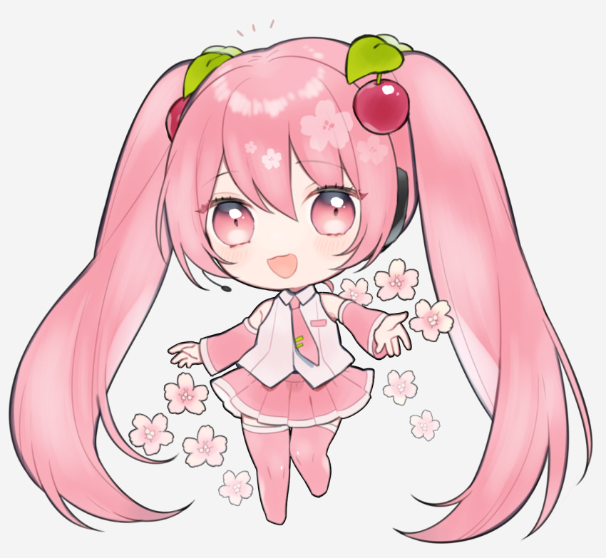 1girl, boots, cherry_blossoms, cherry_hair_ornament, chibi, collared_shirt, commentary, cookie_galo