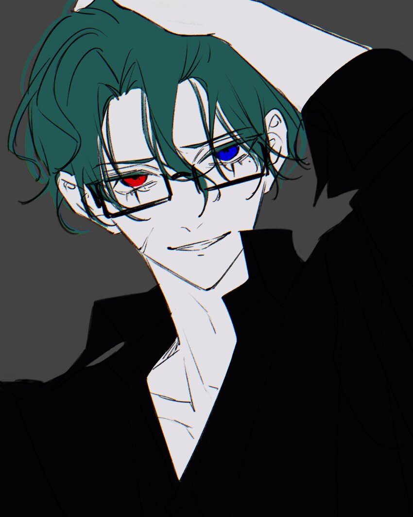 1boy, akuma_shitsuji_to_kuroi_neko, black_shirt, blue_eyes, collared_shirt, glasses, green_eyes, green_hair
