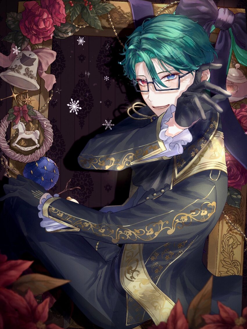 1boy, akuma_shitsuji_to_kuroi_neko, black_gloves, black_jacket, black_ribbon, blue_eyes, christmas_ornaments, flower