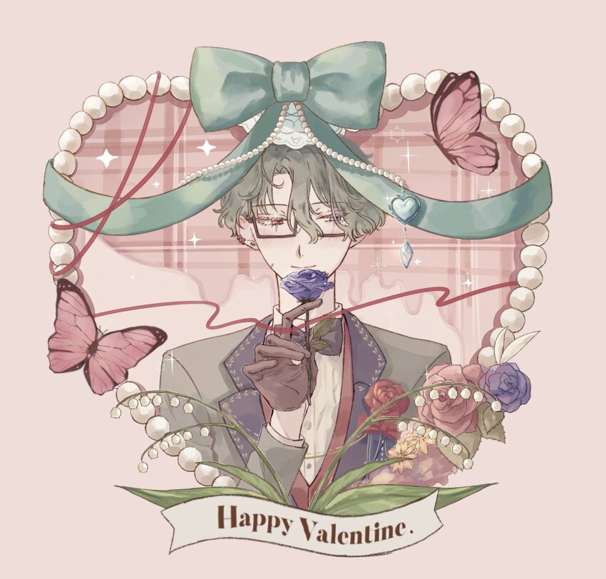 1boy, akuma_shitsuji_to_kuroi_neko, black_gloves, black_jacket, black_necktie, blue_eyes, blue_flower, blue_rose