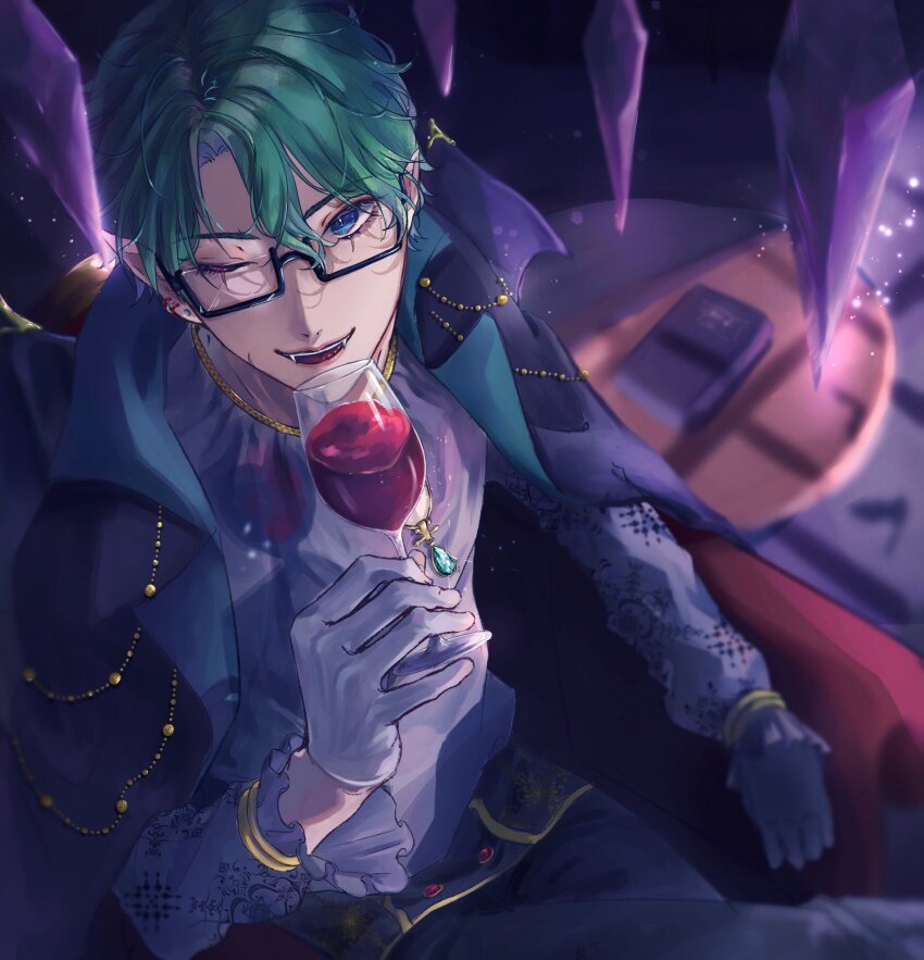 1boy, akuma_shitsuji_to_kuroi_neko, black_cape, blood, blue_eyes, book, cape, cup, drinking_glass, glasses, gloves, green_hair, grey_shirt, highres, looking_at_viewer, looking_up, male_focus, nac_stein, pointy_ears, purple_background, shirt, short_hair, sitting, solo, urochocco, vampire, white_gloves, wine_glass