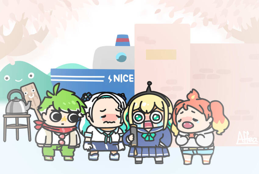 1boy, 3girls, :o, afei_(sfma3248), amano_pikamee, artist_name, black_hairband, blonde_hair