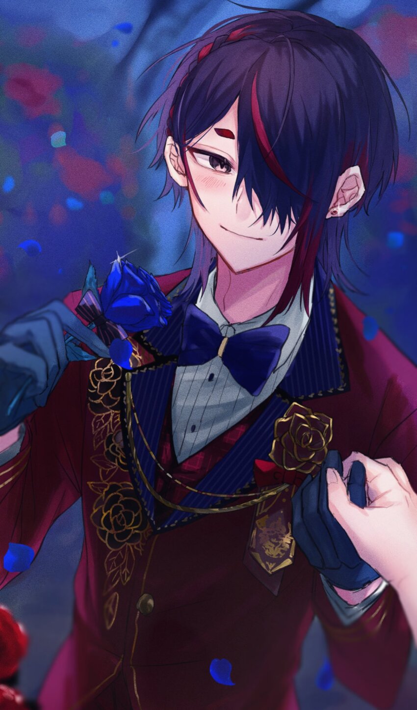 1boy, 1other, akuma_shitsuji_to_kuroi_neko, black_hair, blue_bow, blue_bowtie, blue_flower, blue_rose