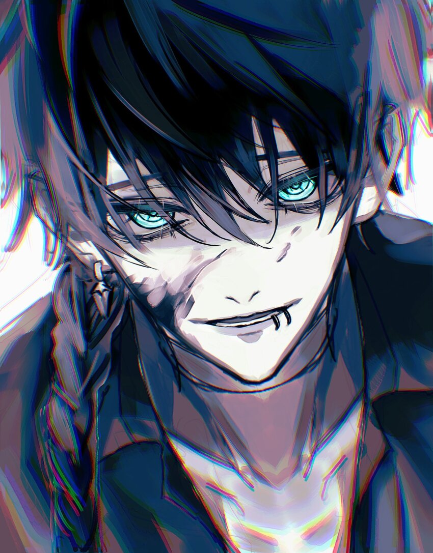 1boy, akuma_shitsuji_to_kuroi_neko, aqua_eyes, black_background, black_shirt, blood, blood_on_face, braid