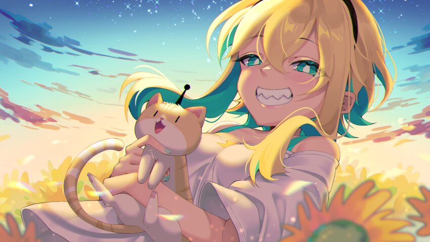 amano_pikamee, animal, black_hairband, blonde_hair, blush, breasts, bright_pupils, cat