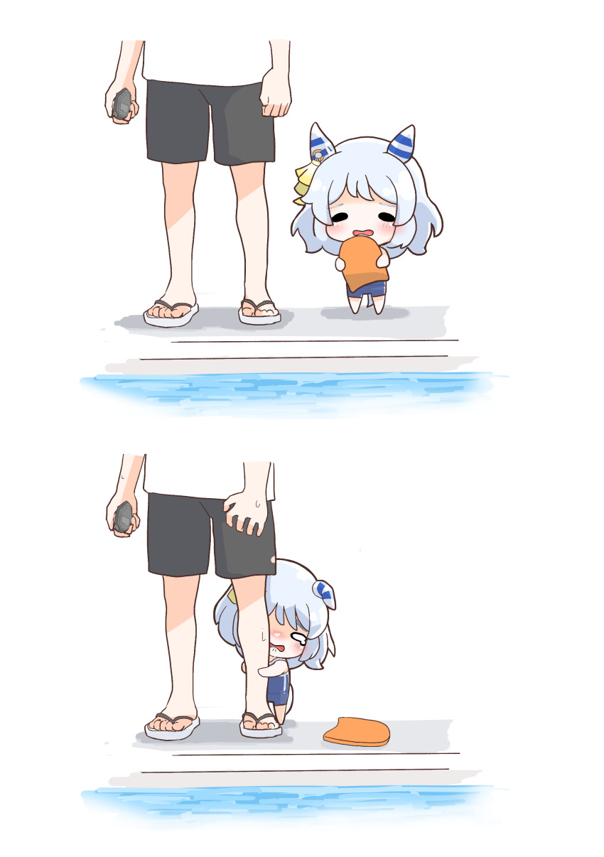 1boy, 1girl, absurdres, animal_ears, blue_hair, blush, chibi, chokueji