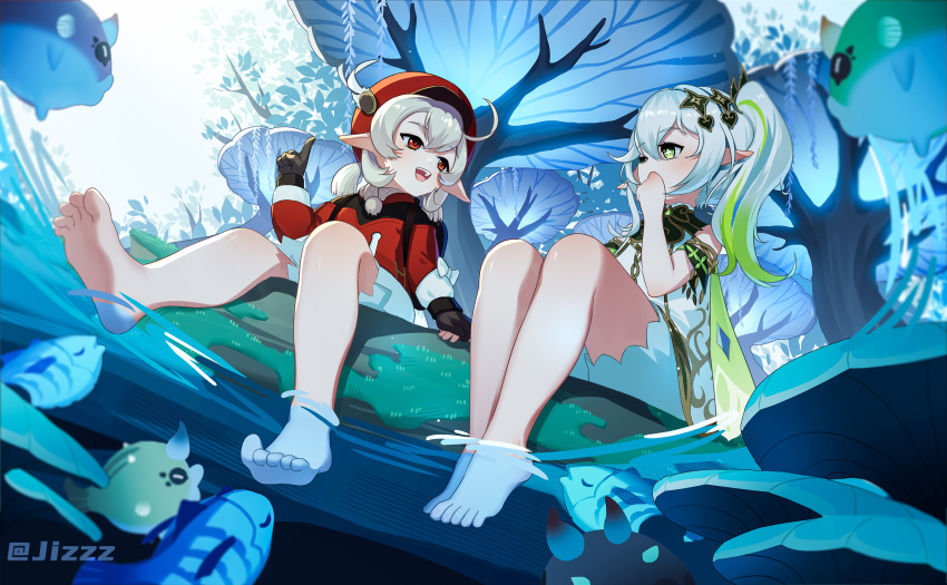 2girls, absurdres, bag_charm, barefoot, bloomers, brown_gloves, brown_scarf, newsboy_cap, charm_(object), coat, commentary_request, cross-shaped_pupils, dress, feathers, feet, fish, genshin_impact, gloves, gradient_hair, green_eyes, green_hair, green_sleeves, hair_ornament, hat, hat_feather, highres, jizhi_shaojiu, klee_(genshin_impact), leaf_hair_ornament, legs, light_brown_hair, low_twintails, multicolored_hair, multiple_girls, nahida_(genshin_impact), pointy_ears, red_coat, scarf, side_ponytail, soaking_feet, soles, symbol-shaped_pupils, toes, twintails, underwear, white_bloomers, white_dress, white_feathers, white_hair