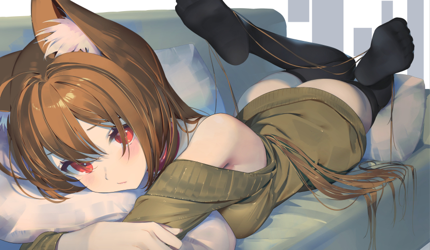 1girl, absurdres, animal_ear_fluff, animal_ears, ass, bare_shoulders, black_thighhighs, breasts