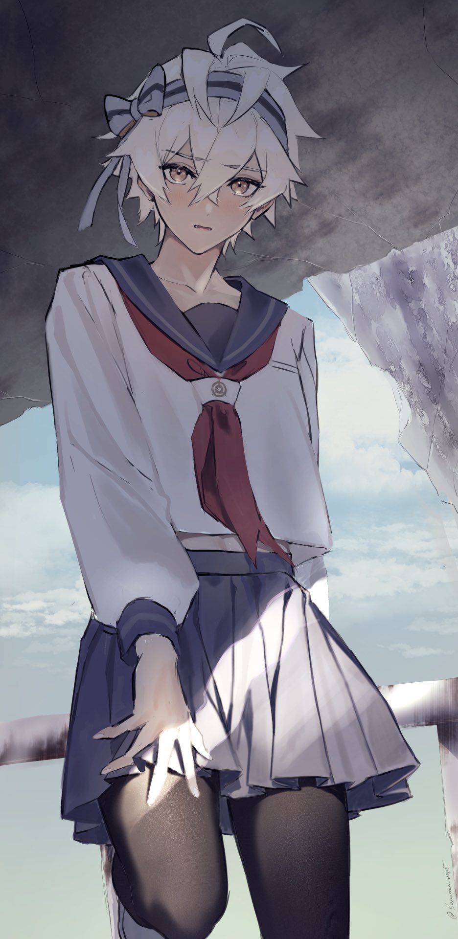 1boy, alchemy_stars, black_pantyhose, blue_sailor_collar, blue_skirt, blush, brown_eyes, crossdressing, crossdressing_(mtf), crossed_bangs, day, grey_hair, hair_between_eyes, headband, highres, long_sleeves, looking_at_viewer, male_focus, navigator_(alchemy_stars), neckerchief, outdoors, pantyhose, pleated_skirt, red_neckerchief, sailor_collar, school_uniform, serafuku, skirt, solo, sonomi, trap