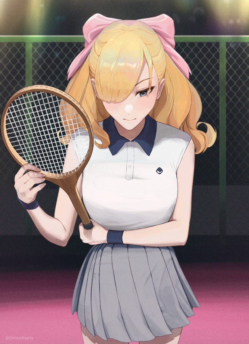 1girl, absurdres, armlet, black_eyes, blonde_hair, bow, closed_mouth, commentary, fiona_frost, grey_skirt, hair_bow, hair_over_one_eye, highres, holding, holding_racket, jewelry, omochiarts, pink_bow, pleated_skirt, racket, shirt, skirt, sleeveless, sleeveless_shirt, solo, sportswear, spy_x_family, tennis_racket, tennis_uniform, white_shirt, wig