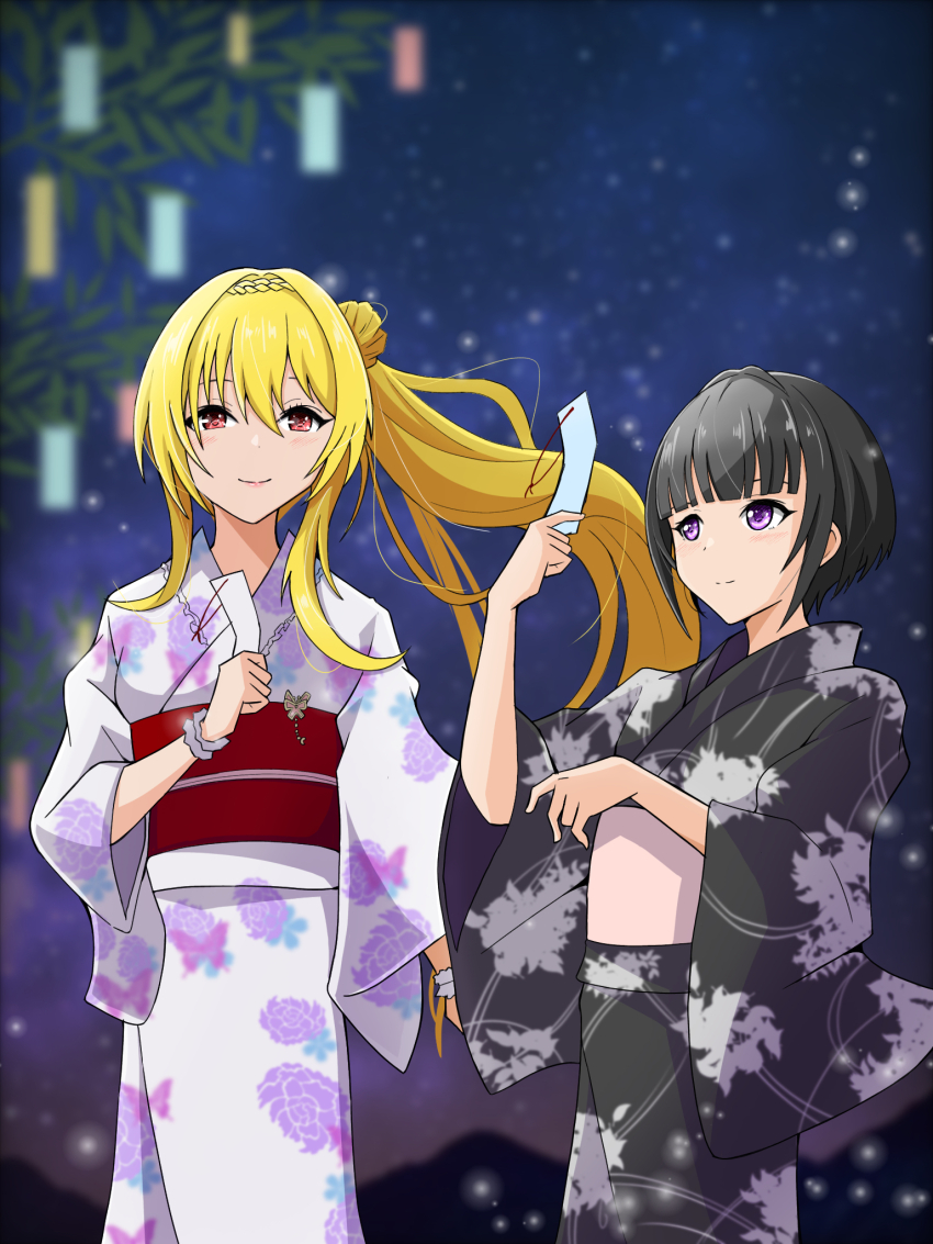 2girls, arm_at_side, artist_request, asymmetrical_sidelocks, black_hair, black_yukata, blonde_hair, bob_cut