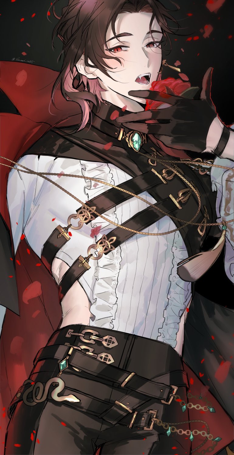 belt, black_background, black_cape, black_gloves, black_hair, black_pants, blush, cape