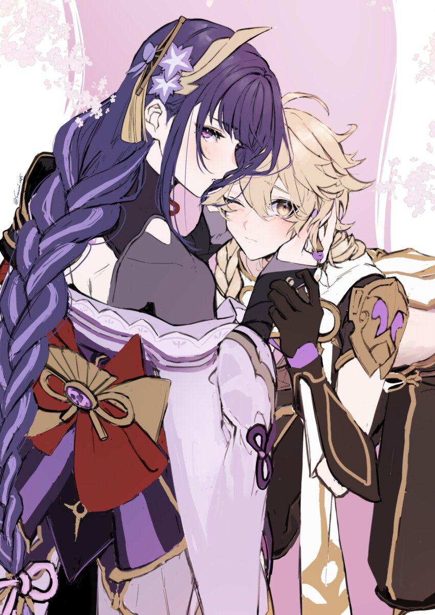 1boy, 1girl, aether_(genshin_impact), black_gloves, blonde_hair, blush, braid, brown_eyes, closed_mouth, earrings, flower, genshin_impact, gloves, hair_between_eyes, hair_ornament, highres, japanese_clothes, jewelry, long_hair, mole, mole_under_eye, nail_polish, one_eye_closed, pants, parted_lips, pink_flower, purple_eyes, purple_hair, raiden_shogun, simple_background, single_braid, single_earring, sonomi, tassel, vision_(genshin_impact), wide_sleeves