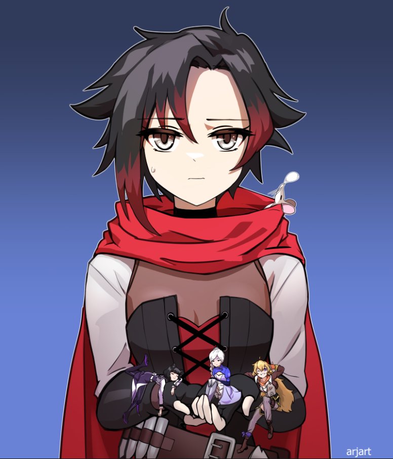 4girls, ammunition_belt, animal, animal_on_shoulder, ar_jart, artist_name, belt, black_choker, black_gloves, black_hair, blake_belladonna, blue_background, breasts, brown_belt, cape, choker, closed_mouth, commentary, corset, english_commentary, fingerless_gloves, gloves, gradient_background, grey_eyes, holding, hood, hooded_cape, looking_at_viewer, mini_person, minigirl, mouse_(animal), mouse_on_shoulder, multicolored_hair, multiple_girls, red_cape, red_hair, red_hood, ruby_rose, rwby, short_hair, small_breasts, streaked_hair, sweatdrop, two-tone_hair, upper_body, weiss_schnee, yang_xiao_long