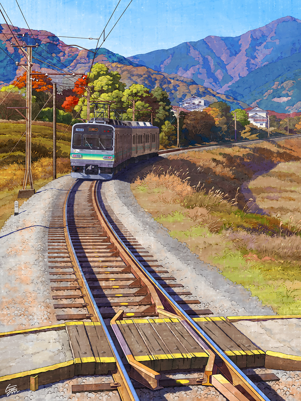 autumn, blue_sky, building, chichibu_railway, commentary_request, day, grass, highres, house, mountain, mugumo_24k, multiple_unit_train, no_humans, original, outdoors, overhead_line, pantograph, power_lines, railroad_crossing, railroad_tracks, scenery, sky, track_ballast, train, tree, utility_pole, vehicle_focus
