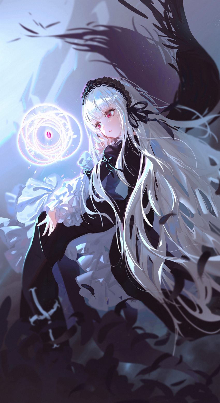 1girl, black_boots, black_dress, black_hairband, black_ribbon, black_wings, boots, closed_mouth, commentary_request, dress, expressionless, feathered_wings, feathers, frilled_dress, frilled_hairband, frilled_sleeves, frills, full_body, gothic_lolita, hair_ribbon, hairband, high_heel_boots, high_heels, highres, juliet_sleeves, layered_dress, lolita_fashion, lolita_hairband, long_hair, long_sleeves, puffy_sleeves, rakuhei, red_eyes, ribbon, rosa_mystica, rozen_maiden, solo, suigintou, thigh_boots, very_long_hair, white_dress, white_hair, wings