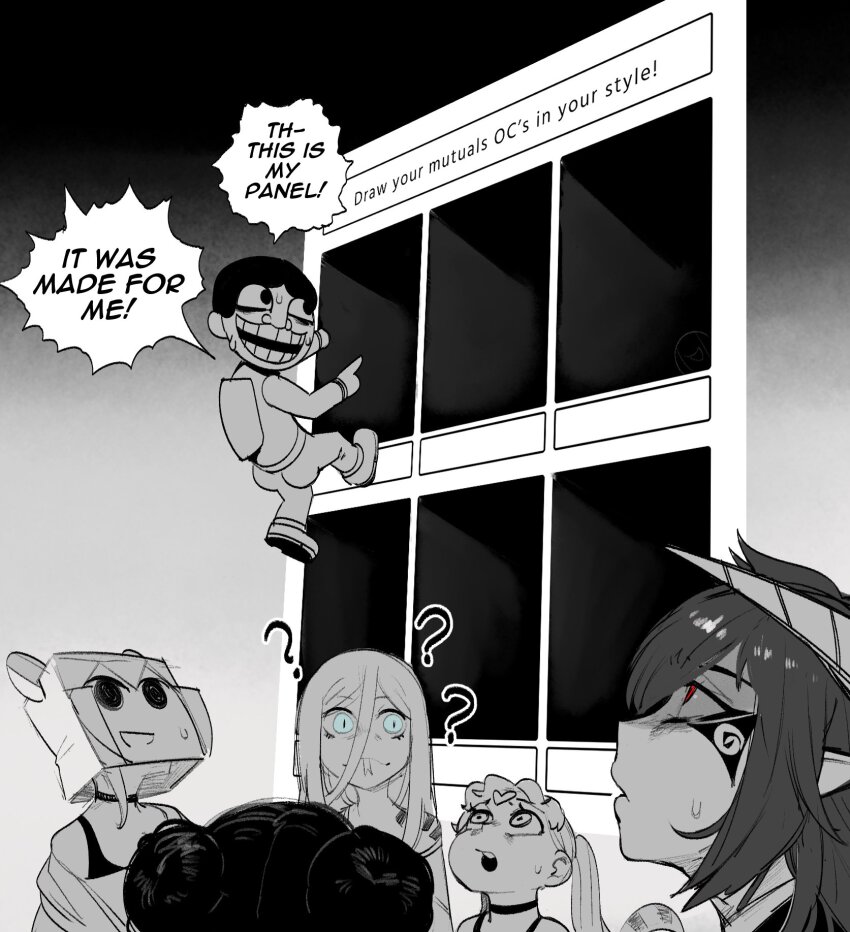 ?, blue_eyes, borrowed_character, braid, choker, commentary, english_commentary, english_text, facial_tattoo, forked_tongue, greyscale, hair_between_eyes, heart, highres, horns, krekkov, long_hair, mask, monochrome, multiple_drawing_challenge, open_mouth, original, parody, pointing, pointy_ears, red_eyes, smile, spot_color, sweatdrop, tattoo, the_enigma_of_amigara_fault, tongue, twin_braids, twintails