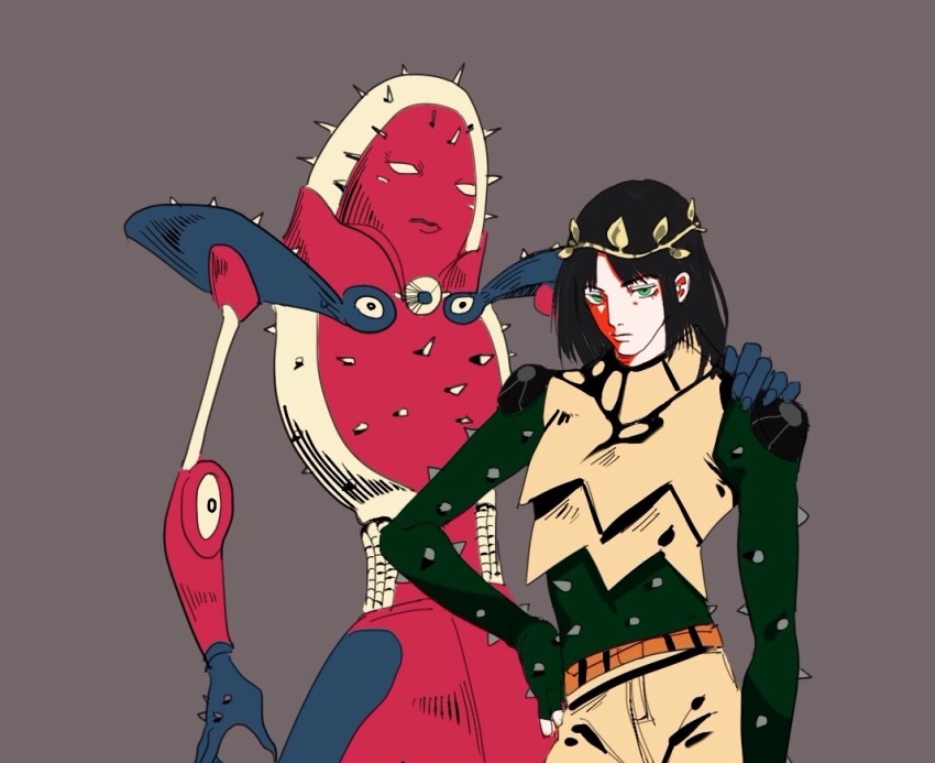 2boys, black_hair, green_eyes, hand_on_own_hip, i_am_a_rock_(stand), jojo_no_kimyou_na_bouken, jojolion, long_hair, male_focus, multiple_boys, spiked_bodysuit, spikes, stand_(jojo), ummi_ii, yagiyama_yotsuyu