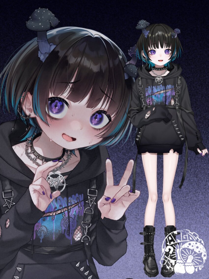 1girl, black_boots, black_hair, black_hoodie, boots, collar, dancho_(dancyo), ear_piercing, earrings, fishnets, full_body, highres, hood, hoodie, indie_virtual_youtuber, jewelry, kinokoma_tango, long_sleeves, multicolored_hair, mushroom_on_head, no_pants, open_mouth, pentagram_necklace, piercing, punk, purple_eyes, purple_nails, safety_pin, second-party_source, sleeves_past_fingers, sleeves_past_wrists, solo, spiked_collar, spikes, streaked_hair, sweat, torn_clothes, torn_hoodie, v, virtual_youtuber