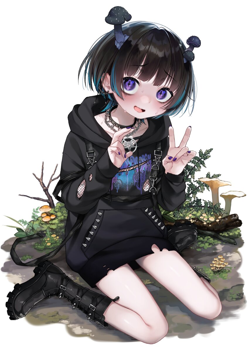 1girl, absurdres, black_boots, black_hair, black_hoodie, blush, boots, collar, commentary_request, dancho_(dancyo), double_v, ear_piercing, earrings, fishnets, full_body, highres, hood, hoodie, indie_virtual_youtuber, jewelry, kinokoma_tango, long_sleeves, looking_at_viewer, multicolored_hair, mushroom, mushroom_on_head, no_pants, open_mouth, pentagram_necklace, piercing, punk, purple_eyes, purple_nails, safety_pin, sitting, sleeves_past_fingers, sleeves_past_wrists, solo, spiked_collar, spikes, streaked_hair, sweat, torn_clothes, torn_hoodie, v, virtual_youtuber, wariza