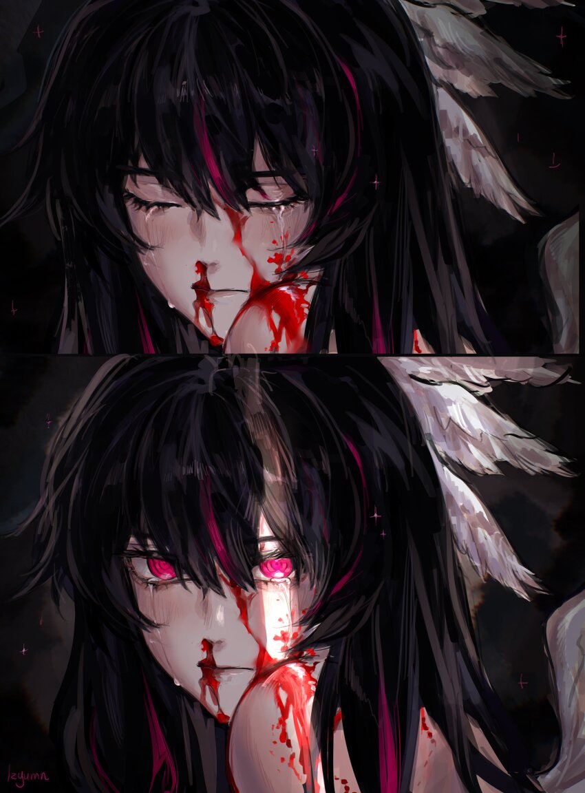 1girl, absurdres, artist_name, black_hair, bleeding, blood, blood_on_face, closed_eyes