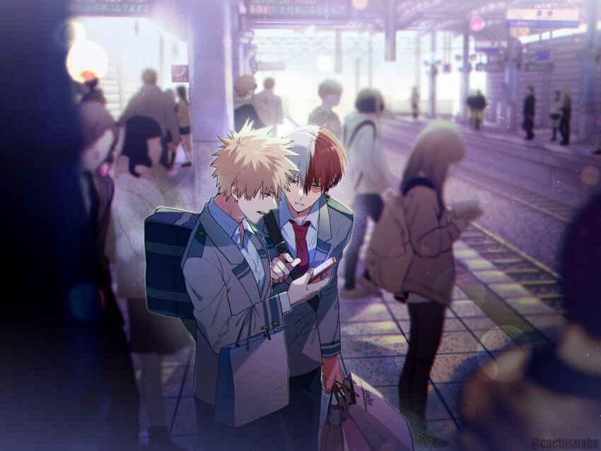2boys, arm_at_side, backpack, bag, bakugou_katsuki, black_pants, blazer, blonde_hair