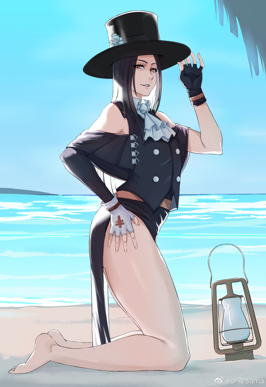 1254843053, 1other, absurdres, adjusting_clothes, adjusting_headwear, androgynous, ascot, asymmetrical_gloves, bare_shoulders, black_gloves, black_hair, black_hat, collar, fingerless_gloves, gloves, grin, guilty_gear, guilty_gear_strive, hat, hat_ornament, highres, long_hair, looking_at_viewer, ocean, other_focus, palm_leaf, red_eyes, skull_hat_ornament, smile, solo, studded_collar, testament_(guilty_gear), top_hat, white_ascot, white_gloves
