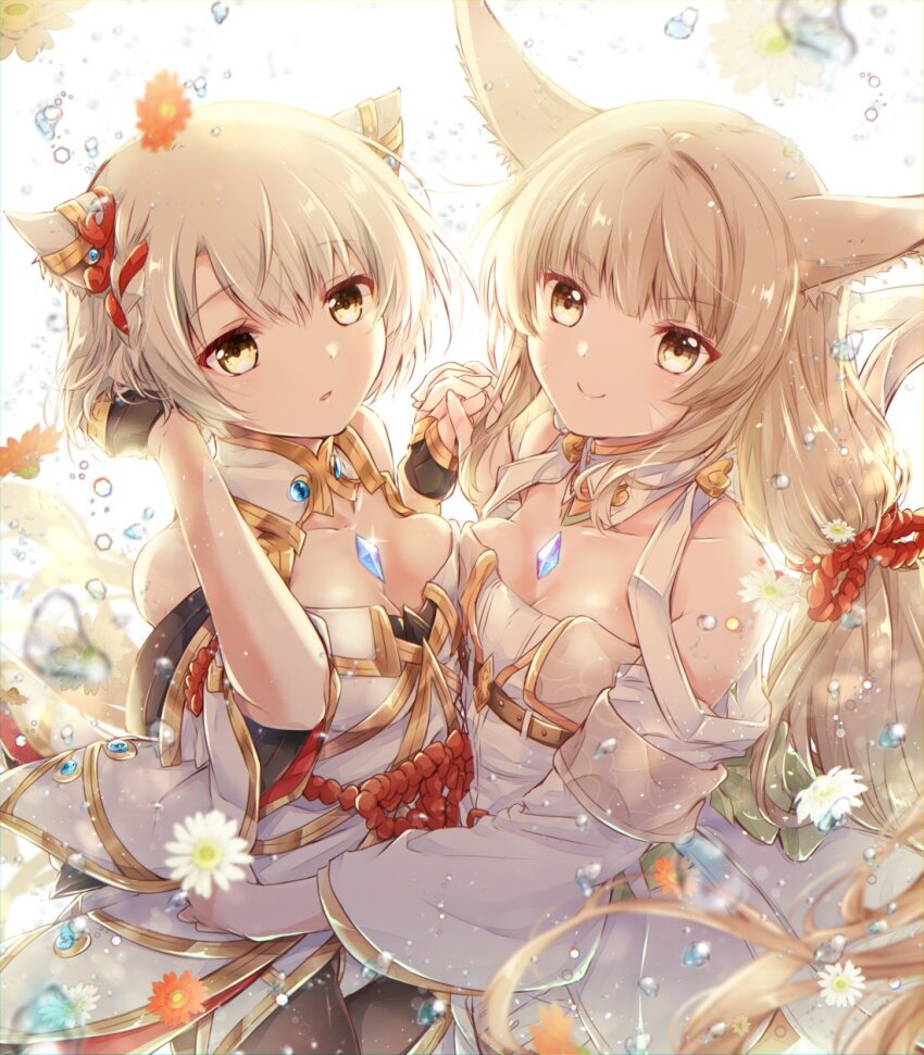 2girls, agnus_female_off-seer_uniform, animal_ears, arm_around_another's_waist, breast_press, breasts, cat_ears, chest_jewel, cleavage, cosplay, costume_switch, ear_covers, facial_mark, fingerless_gloves, flower, gloves, grey_hair, highres, holding_hands, long_hair, low_twintails, medium_breasts, mio_(xenoblade), mio_(xenoblade)_(cosplay), multiple_girls, nia_(blade)_(xenoblade), nia_(blade)_(xenoblade)_(cosplay), nia_(xenoblade), nia_(xenoblade)_(cosplay), official_alternate_costume, pantyhose, short_hair, smile, symmetrical_docking, twintails, ui_frara, very_long_hair, water, water_drop, whisker_markings, xenoblade_chronicles_(series), xenoblade_chronicles_2, xenoblade_chronicles_3