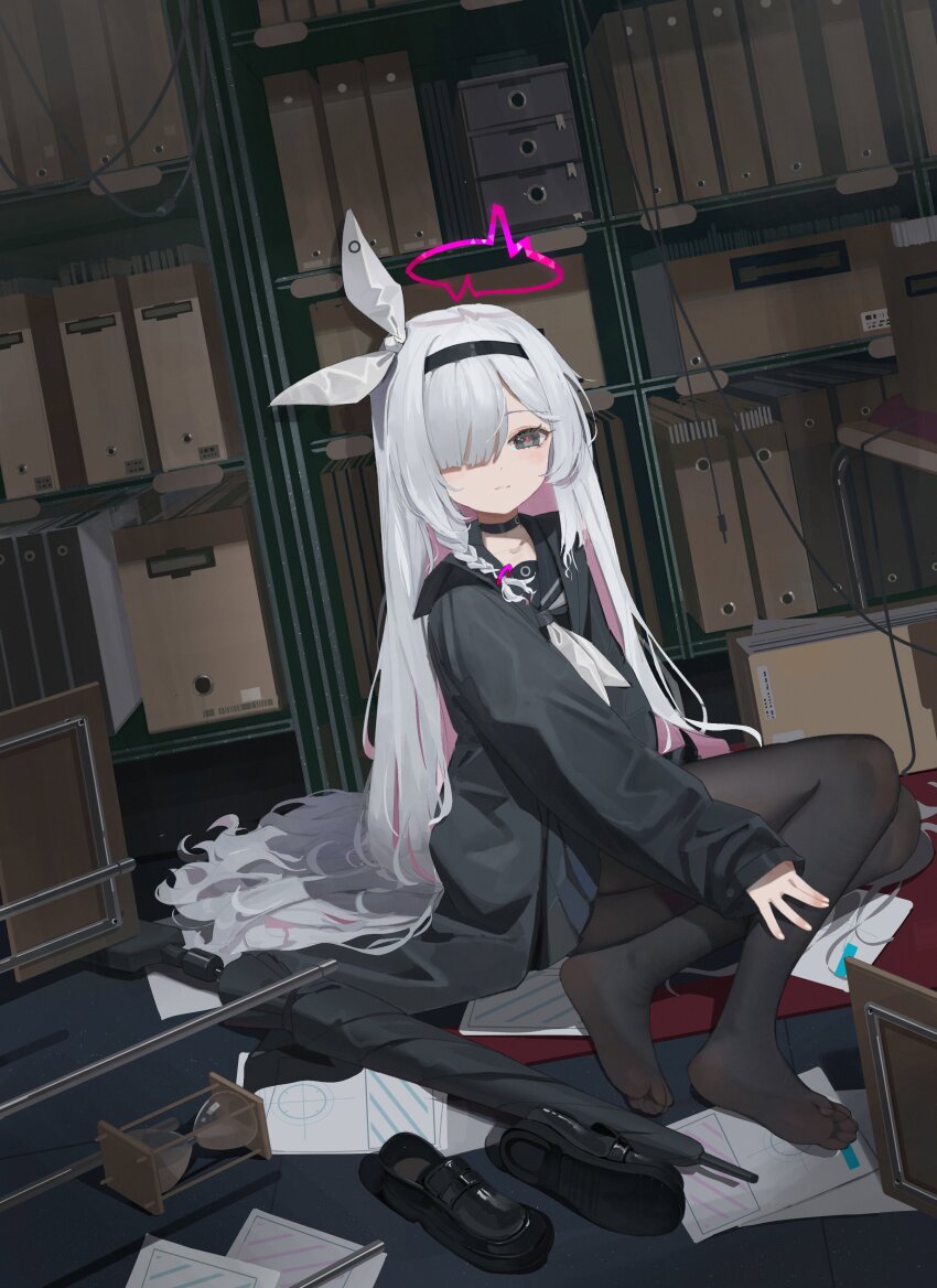 1girl, absurdres, black_choker, black_eyes, black_hairband, black_jacket, black_pantyhose, black_serafuku