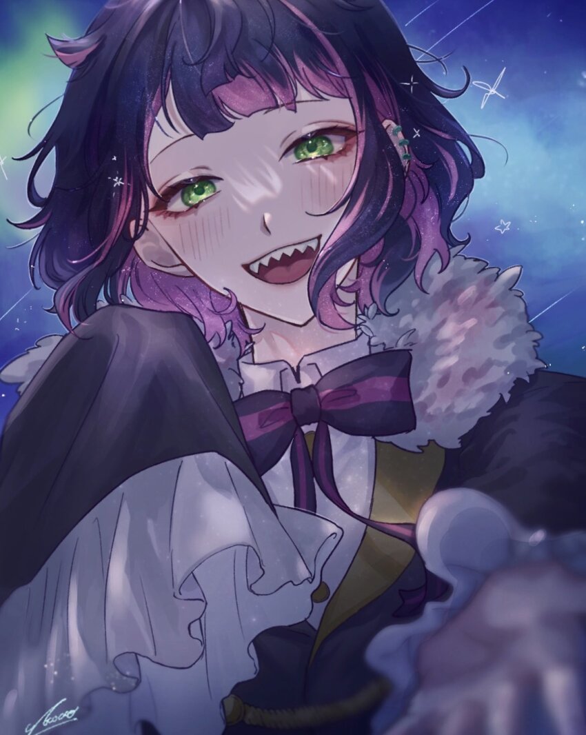 1boy, akuma_shitsuji_to_kuroi_neko, black_jacket, blush, collared_shirt, ear_piercing, earrings, green_eyes, head_tilt, highres, jacket, jewelry, lamli_bennett, long_sleeves, looking_at_viewer, male_focus, multicolored_hair, multiple_earrings, piercing, pink_hair, reaching, reaching_towards_viewer, sharp_teeth, shirt, short_hair, sky, sleeves_past_fingers, sleeves_past_wrists, solo, star_(sky), starry_sky, teeth, urochocco, white_shirt