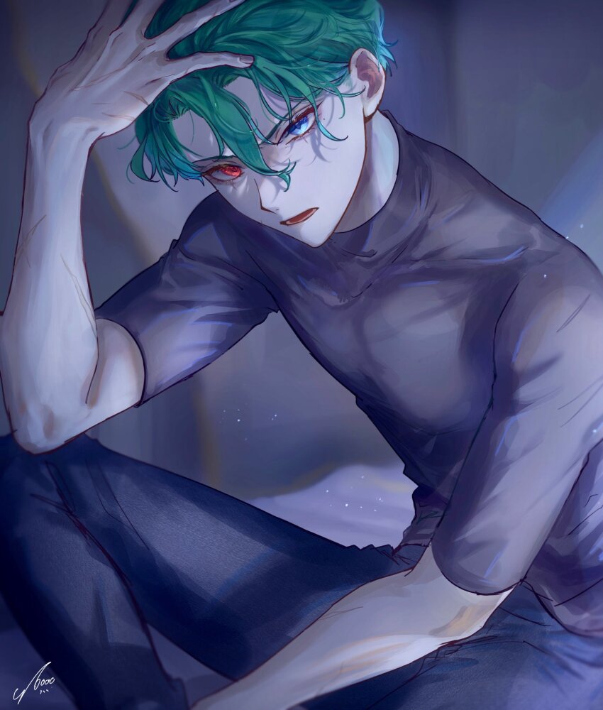 1boy, akuma_shitsuji_to_kuroi_neko, black_pants, black_shirt, blue_eyes, green_hair, hand_in_own_hair, heterochromia