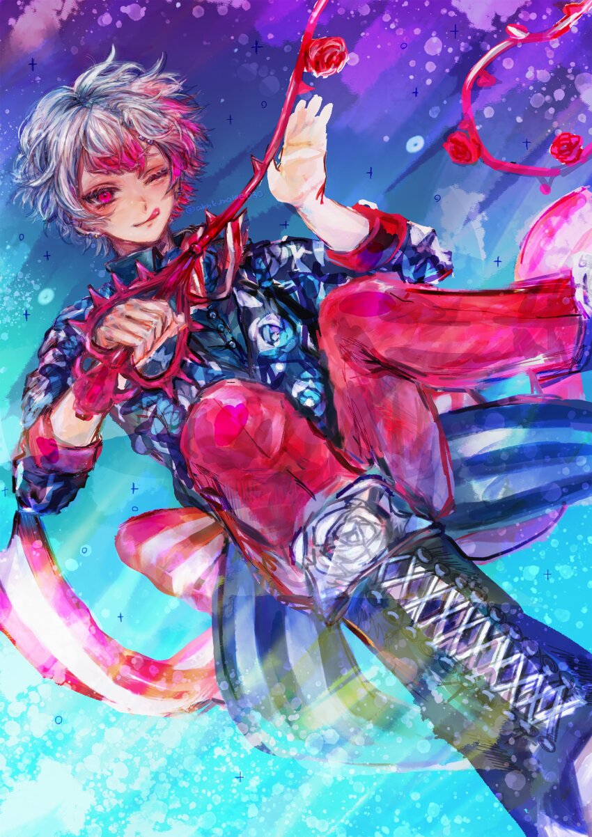 1boy, absurdres, akuma_shitsuji_to_kuroi_neko, ammon_lead, black_footwear, black_shirt, blue_background, blush