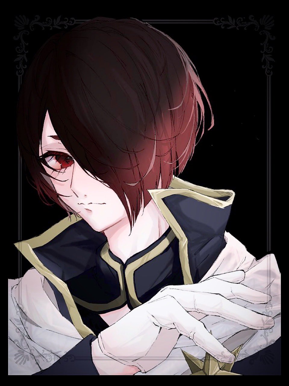 1boy, akuma_shitsuji_to_kuroi_neko, black_background, black_jacket, brown_hair, gloves, hair_over_one_eye, highres