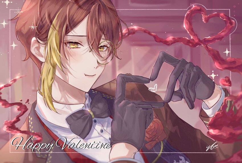 1boy, akuma_shitsuji_to_kuroi_neko, black_bow, black_bowtie, black_gloves, blonde_hair, blush, bow