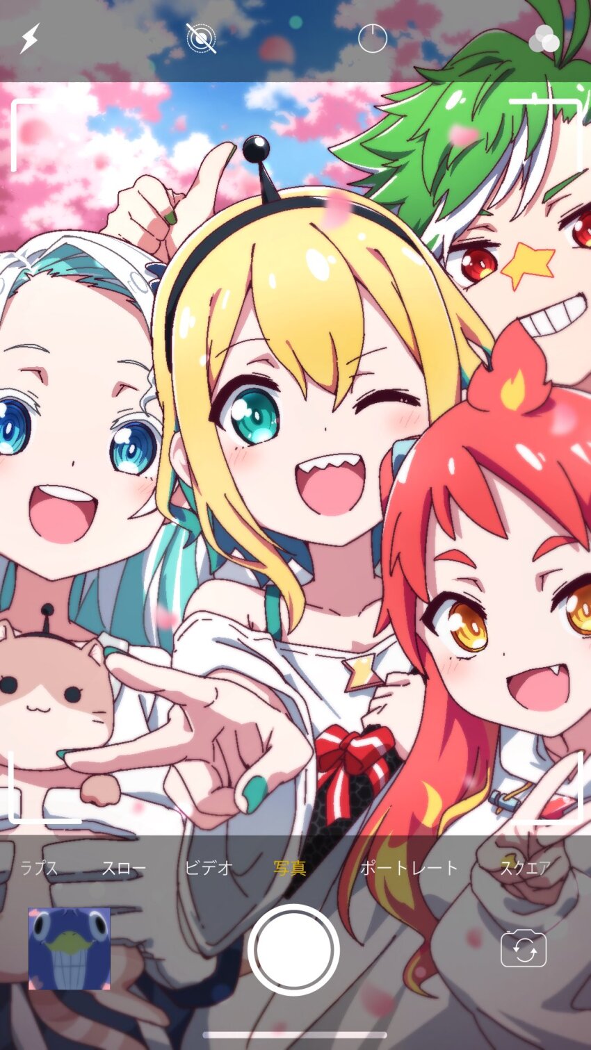 1boy, 3girls, :d, aimusu, amano_pikamee, animal, arm_up, black_hairband