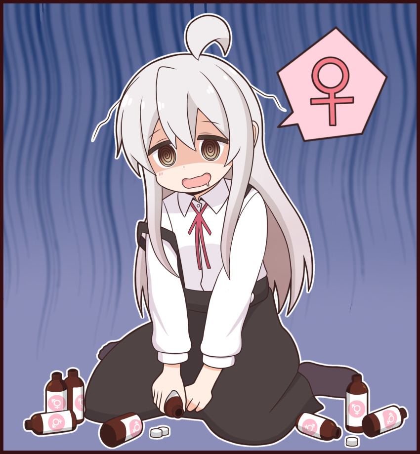 1girl, @_@, addiction, ahoge, black_skirt, bottle, brown_eyes, commentary_request