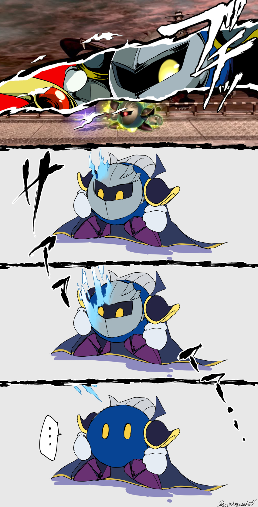 ..., 4koma, absurdres, armor, blue_fire, blue_skin, cape, colored_skin