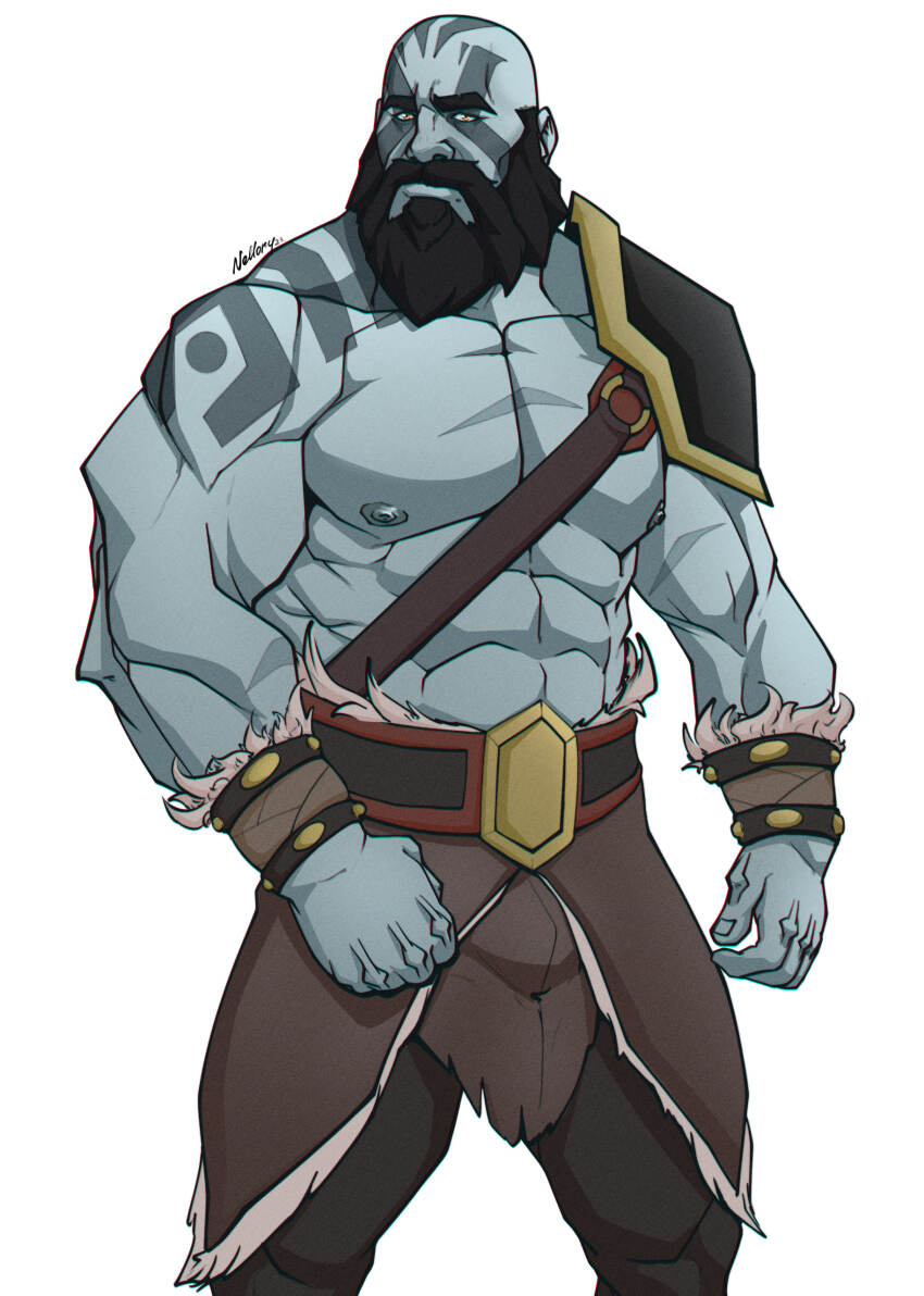 1boy, abs, absurdres, alternate_facial_hair, armor, bald, bara, bare_pectorals