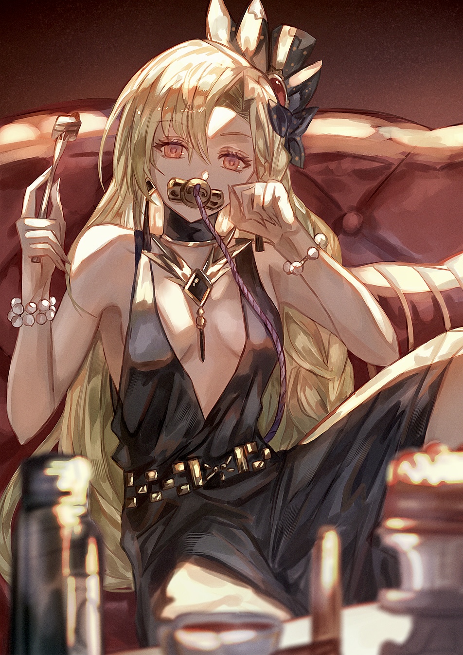 1girl, black_choker, black_dress, blonde_hair, bracelet, choker, couch, dark-skinned_female