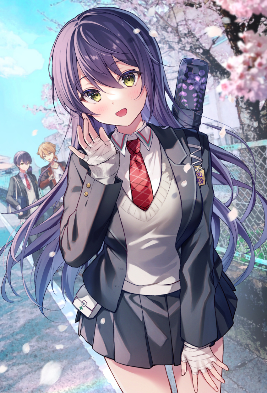 1girl, 2boys, :d, bandaged_hand, bandages, black_jacket, black_pants, black_skirt