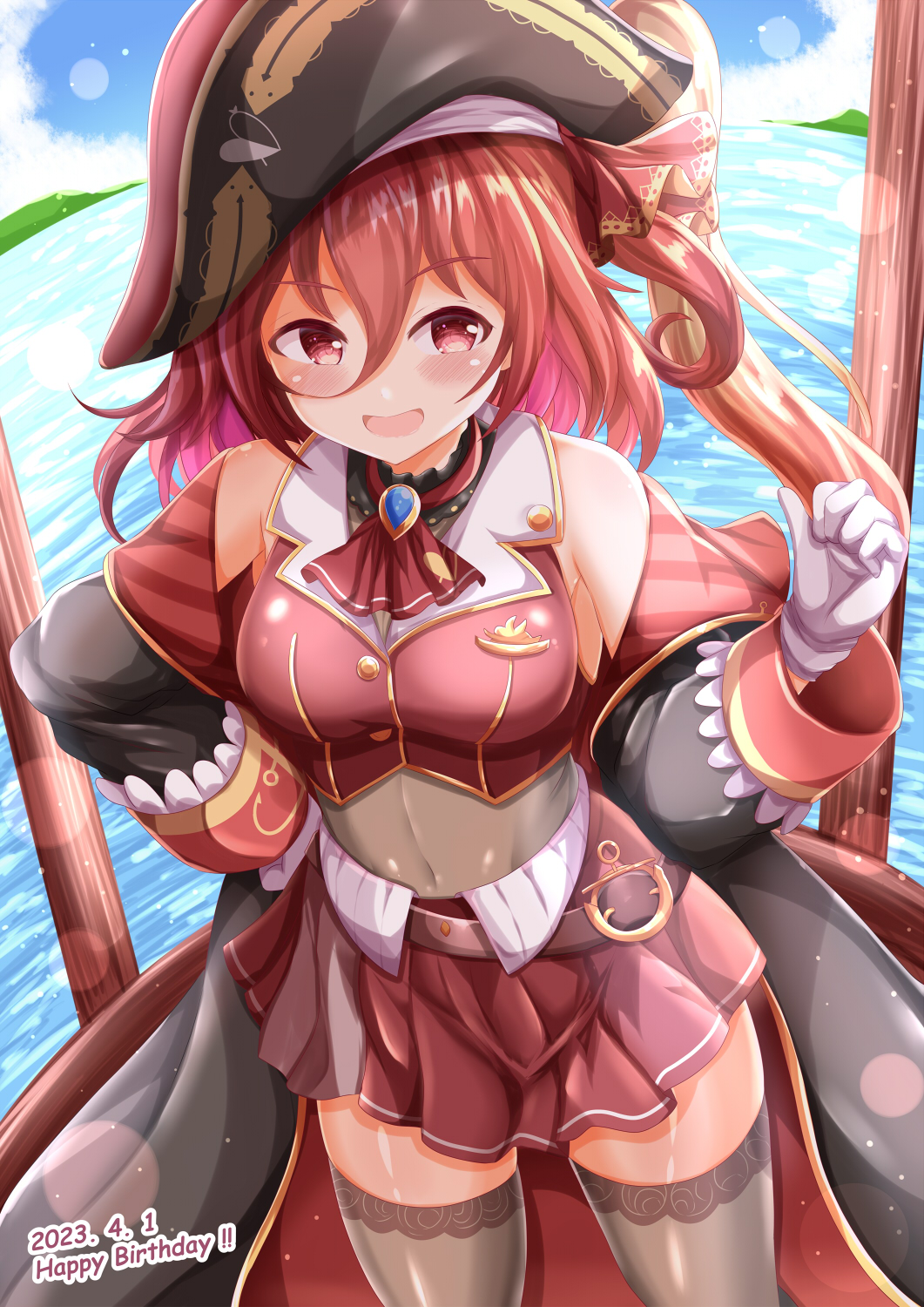 1girl, arrow_(projectile), arrow_through_heart, belt, belt_buckle, bicorne, black_coat, black_hat