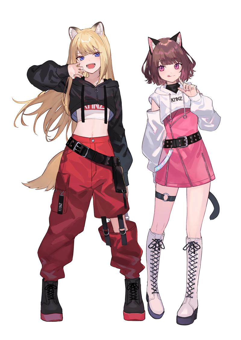 2girls, :p, animal_ears, belt, black_belt, black_footwear, black_hoodie, blonde_hair